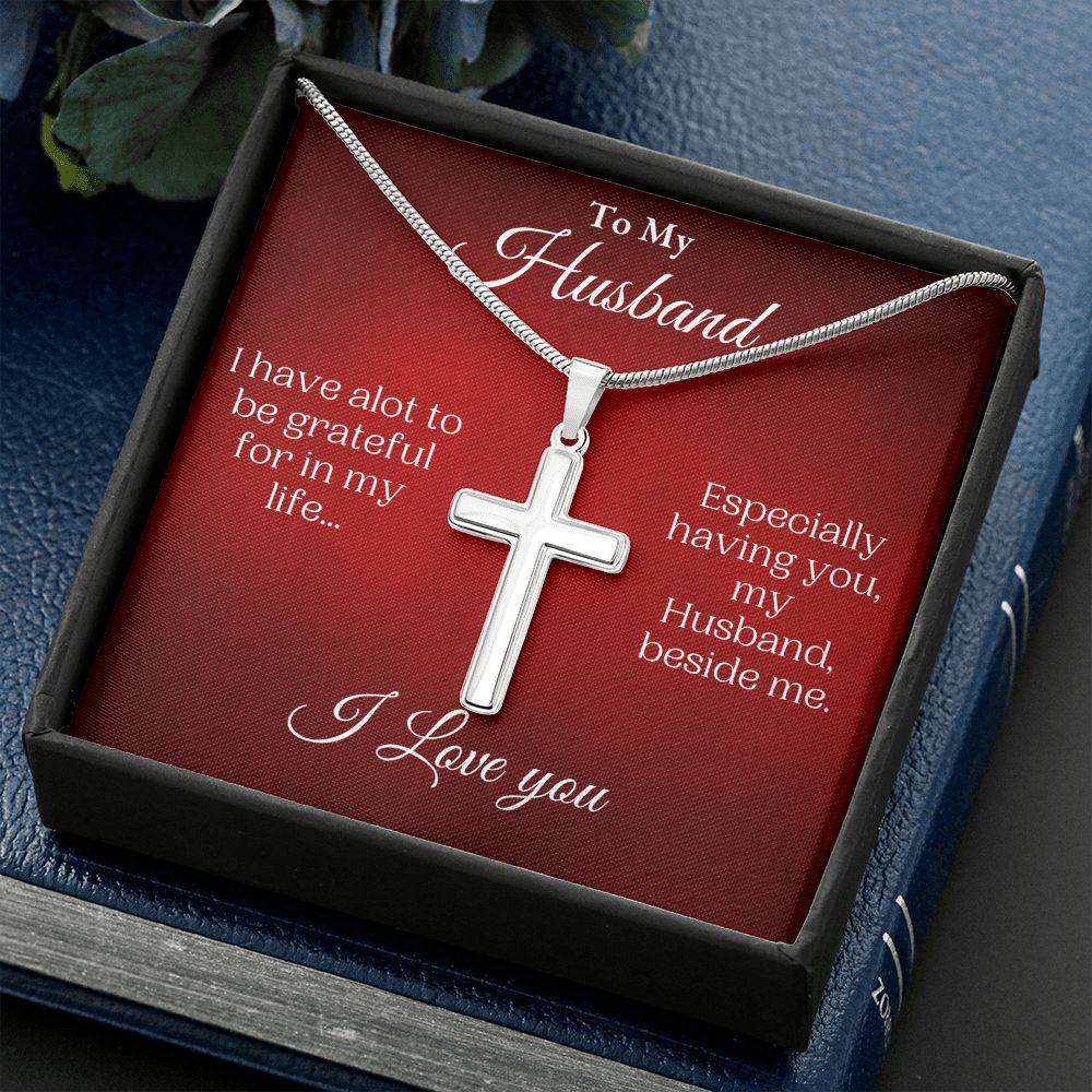 To My Husband-Beside Me-Artisan Crafted Stainless Steel Cross Necklace